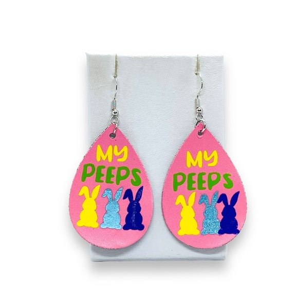 Easter Bunny Peeps  Teardrop Faux Leather Earrings - Picture 2 of 4